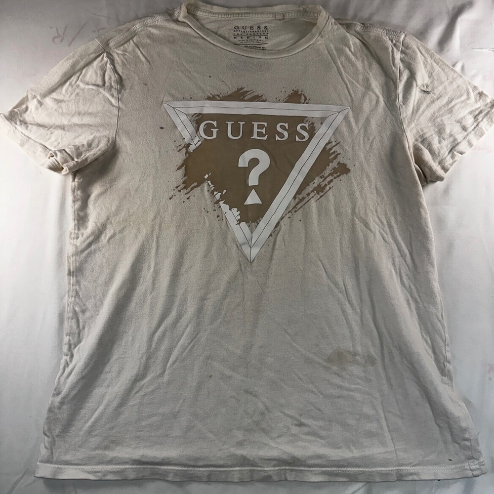 Guess Mens Graphic T-Shirt Medium Cream Brown Splatter Triangle Logo Distressed